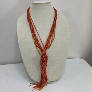 Orange Seed Bead Necklace Knot Multi Strand Knot Gold Pink Statement Big ‎ Used,